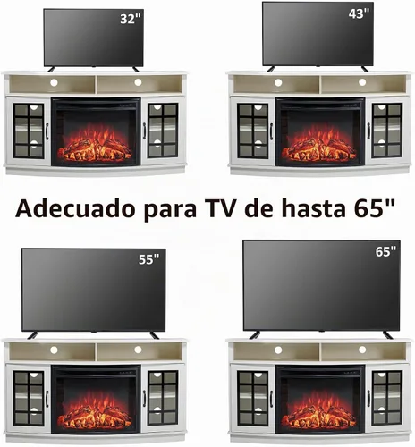 Vista 6 de AMERLIFE - Soporte de TV curvado con chimenea de 59 pulgadas con almacenamiento para televisores de hasta 65 pulgadas Blanco gastado