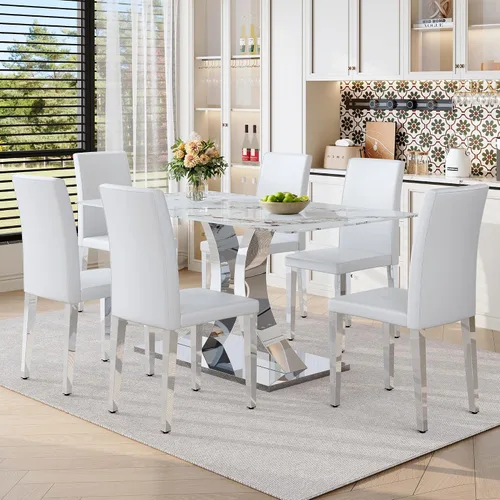 Vista 30 de Juego de mesa de comedor de mármol para 4, moderna mesa de oro blanco de 63 pulgadas con patas de marco de forma intercambiable y sillas de comedor