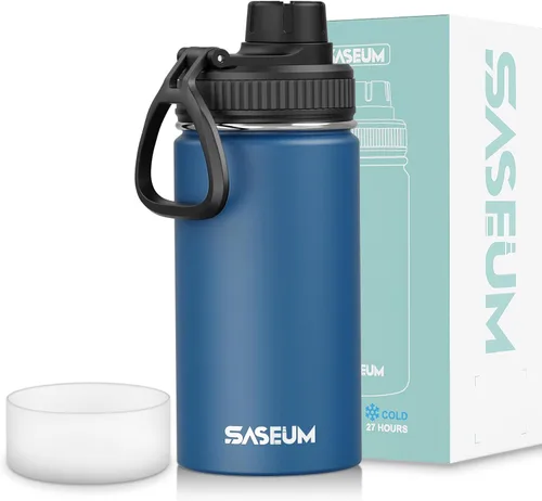 Vista 15 de SASEUM Botella de agua de acero inoxidable de 12 onzas, botella aislada sin BPA con tapa de boquilla a prueba de fugas, botella de metal de boca