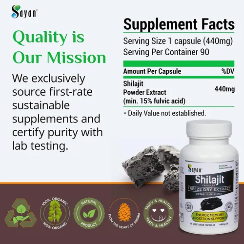 Vista 5 de Sayan Shilajit 90 cápsulas/440 mg ea.- Suplemento orgánico con alto contenido de ácido fúlvico para apoyar tu sistema inmunológico, reforzar