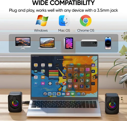 Vista 6 de MELOGAGA altavoces RGB para computadora, altavoces para PC con alimentación USB con retroiluminación LED de 7 colores, barra de sonido compacta