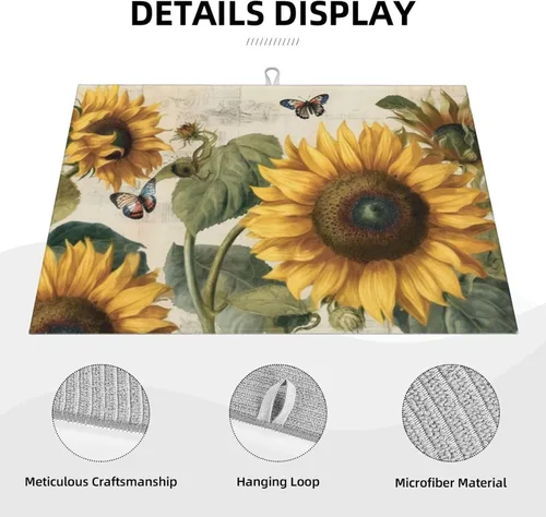 Vista 4 de Tapete de secado de platos de girasol y mariposa para encimera de cocina, protector y decoración súper absorbente de doble cara de microfibra