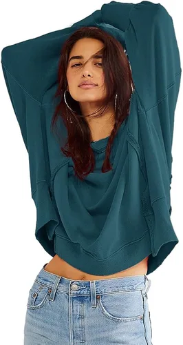 Vista 5 de Beaully Sudadera de gran tamaño con cuello redondo para mujer, con abertura lateral, manga larga, ropa de invierno