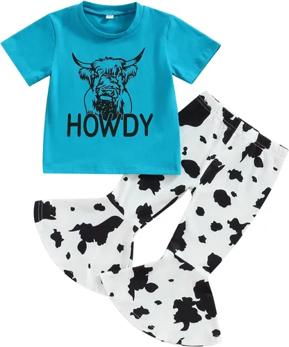 Vista 36 de fhutpw Conjunto de camiseta de manga corta con estampado de vaca y pantalones acampanados de dibujos animados para niñas
