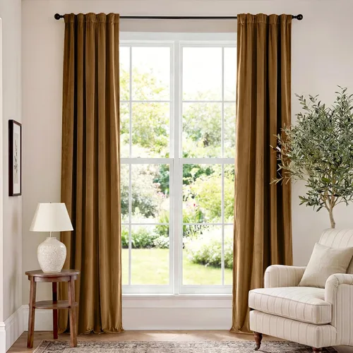Vista 130 de Lazzzy Cortinas opacas de terciopelo beige de 84 pulgadas de largo con aislamiento térmico para oscurecer la habitación, cortinas forradas de lujo