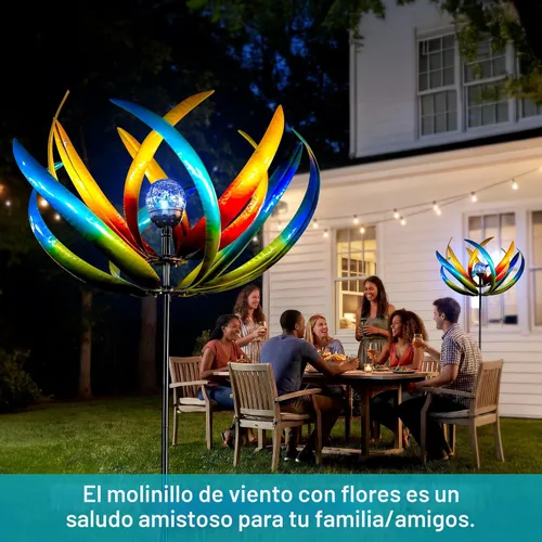 Vista 3 de Molinillo de viento solar grande de 83 pulgadas para exteriores, escultura de flor de tulipán de metal con bola de vidrio LED multicolor, arte