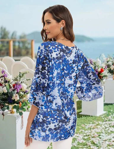 Vista 4 de Miusey Blusa elegante tipo túnica para mujer, elegante blusa de manga acampanada de 34, blusa de malla fluida