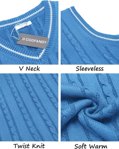 Vista 5 de COOFANDY Suéter para hombre, cuello en V, ajustado, casual, sin mangas, tejido trenzado
