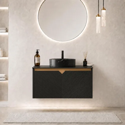 Vista 17 de Vanidad de baño flotante de 24 pulgadas con fregadero, gabinete estriado Fregadero de cerámica negro + negro