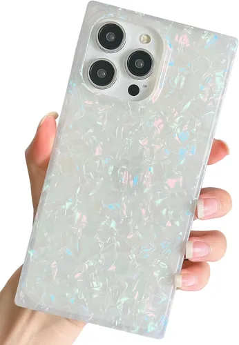 Vista 45 de Elegante concha de madre perla compatible con iPhone 13 de 6.1 pulgadas, elegante y delgada, con borde rectangular, funda protectora de perla