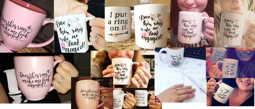 Vista 3 de Oh, Susannah, juego de tazas de compromiso con las leyendas "Does this ring make me look engaged?" y "I put a ring on it", dos tazas de 11 onzas