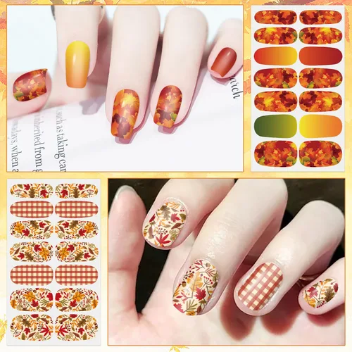 Vista 3 de 8 hojas de esmalte de uñas de otoño para mujer, hojas de arce, tiras de esmalte de uñas de gel, autoadhesivas, manicura con lima y palito para Otoño