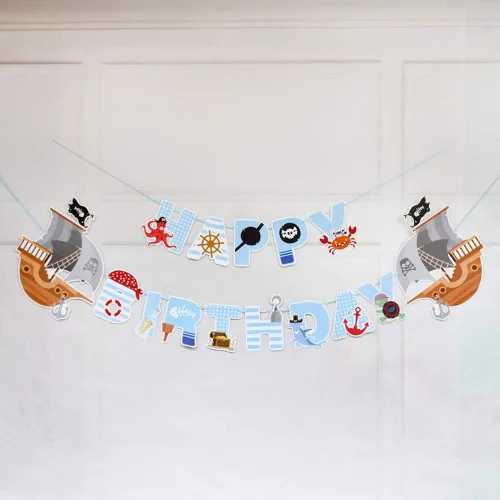 Vista 3 de Cartel de cumpleaños de pirata, decoraciones de fiesta para niños, suministros de fiesta temática pirata, pancarta de baby shower para niños 1, 2