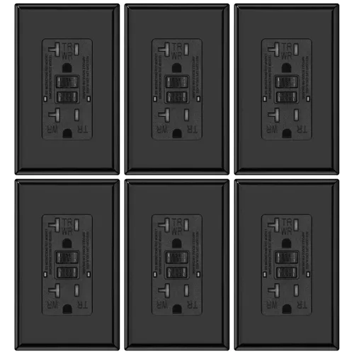 Vista 29 de Micmi Toma GFCI WR negra resistente a la intemperie, resistente a manipulaciones, receptáculo TR con indicador LED, placa de pared sin tornillos