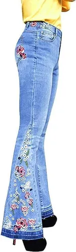 Vista 2 de Jeans acampanados con bordado floral para mujer, jeans elásticos acampanados, talla grande, pantalones de mezclilla de pierna ancha Y2k