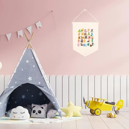 Vista 2 de Andaz Press Cartel de lienzo colgante – Tapiz de alfabeto y animales para colgar en la pared para bebé niña y niño, decoración de pared de guardería