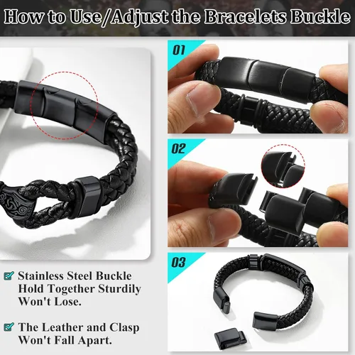 Vista 6 de Bestyle Pulseras vikingas trenzadas de cuero genuino para hombres y niños, estilo vintage, martillo de Thor, calavera, masón masónico, pulseras