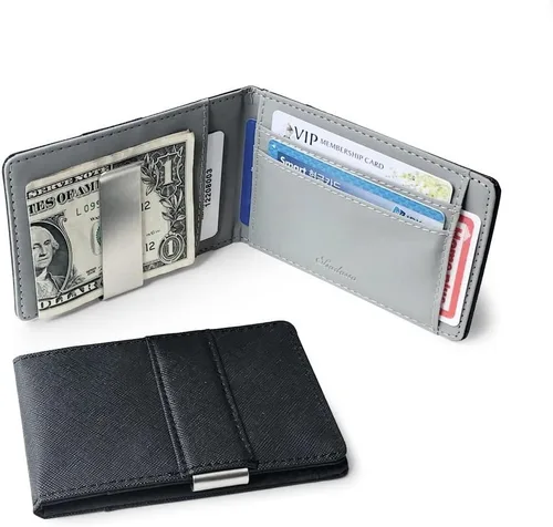 Vista 3 de SDFGH - Billetera de cuero con clip para dinero y dinero para hombre con abrazadera de metal, tarjetero de identificación femenino