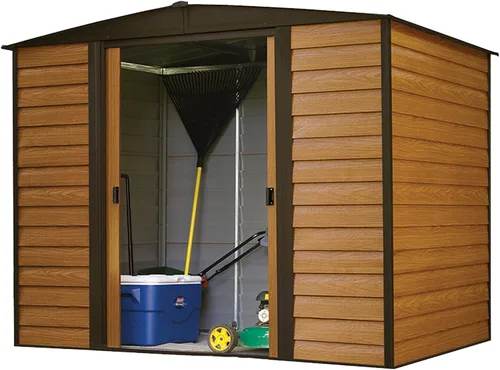 Vista 2 de Arrow Woodridge - Caseta de almacenamiento de acero con hastial bajo, café/madera