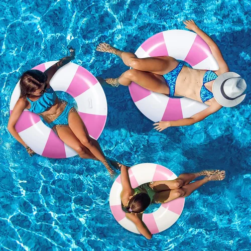 Vista 7 de 6 flotadores de piscina a rayas rosas y blancas para adultos, anillo de natación grande inflable con asas de 47.24 pulgadas, 35.43 pulgadas, tubos