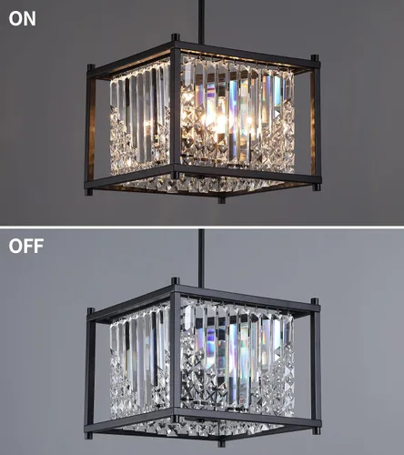 Vista 8 de Q&S Candelabro moderno, candelabro de cristal cuadrado negro industrial de granja, 4 luces, colgante para comedor, pasillo, entrada, isla de cocina