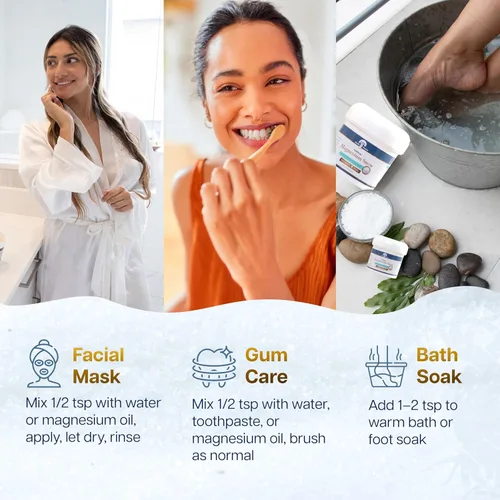 Vista 3 de Health and Wisdom Magnesium Snow - Polvo de carbonato de magnesio fino para el cuidado facial, corporal y bucal - Absorción mejorada para tonificar