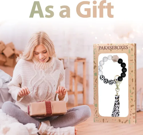 Vista 2 de PAKASEBOXES Keychain Wristlet Bracelet, Silicone Beaded Bangle Key Ring with Tassel, Mother's day Christmas Gift for Women