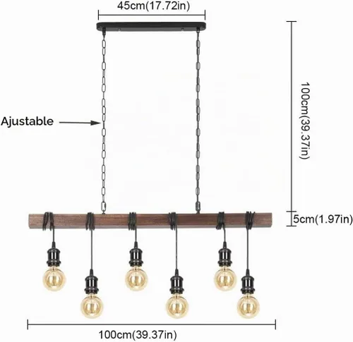 Vista 6 de Eoyemin Lámpara colgante de madera rústica con 6 luces de estilo rústico y retro, línea de suspensión industrial, se puede ajustar libremente