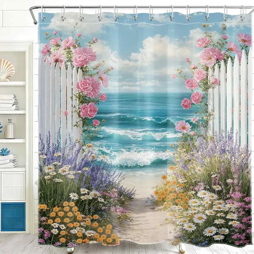 Vista 22 de Cortina de ducha con diseño bohemio de plantas y flores de acuarela sobre fondo beige, cortina de ducha de baño con hojas naturales, cortina