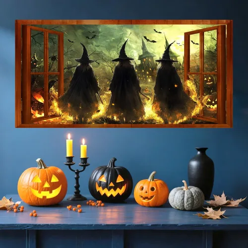 Vista 6 de Calcomanías de pared de bruja de Halloween 3D con escena de Halloween, calcomanías de pared falsas para ventana, mural grande, papel tapiz