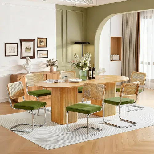 Vista 16 de Juego de 2 sillas de comedor de terciopelo con respaldo de ratán, diseño moderno Breuer con base cromada inoxidable sin brazos tapizada para Beige