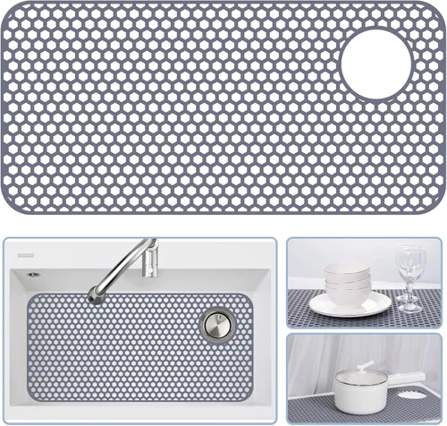 Vista 55 de Bestjing Paquete de 2 protectores de silicona para fregadero de cocina, accesorio de rejilla de cocina de 12 x 11 pulgadas, tapete antideslizante