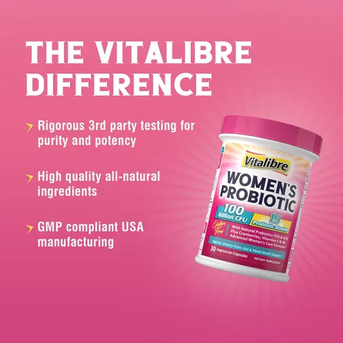 Vista 9 de Vitalibre Suplemento de hierro para mujeres y hombres, con vitaminas C, B6, B12 y folato, probióticos para mujeres, 100 mil millones de UFC, 15