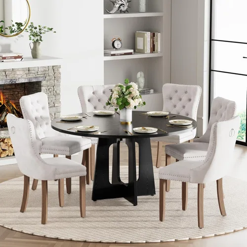 Vista 20 de Mesa de comedor redonda estilo granja para 6, mesa de cocina circular de 47" MDF con acabado de grano de madera, mesa de cocina y comedor de madera