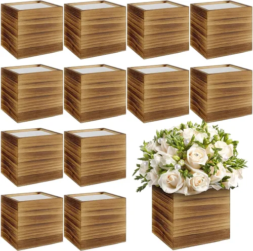 Vista 7 de Suzile Juego de 12 Cajas Plantadoras de Madera de 5 Pulgadas Jarrones Cuadrados de Flores para Centro de Mesa Caja Plantadora Cúbica Rústica