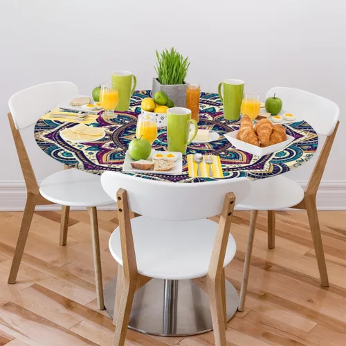Vista 2 de Pardick Mantel Redondo Ajustable de Mandala Bohemia, Cubierta de Tela Redonda, Mantel Impermeable Antiarrugas con Borde Elástico, Decorativo