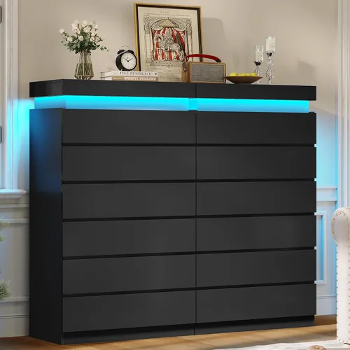 Vista 5 de HAUOMS Cómoda alta de 6 cajones con luz LED, cómoda moderna negra para dormitorio, armarios con cajones para sala de estar, entrada, pasillo