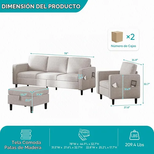 Vista 2 de BALUS Juego de sofás de sala de estar de 78 pulgadas, sofá de 3 plazas con bolsillo lateral y juego de muebles otomanos de almacenamiento, sofá