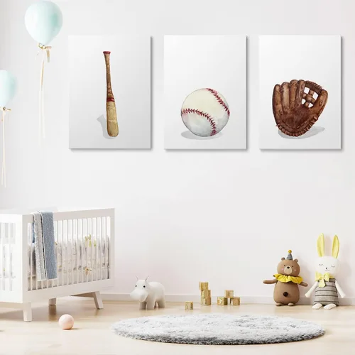 Vista 7 de GUBIYU Decoración de pared de béisbol para guardería, decoración de pared de bebé, lienzo deportivo, cueva de hombre pequeño, arte de pared