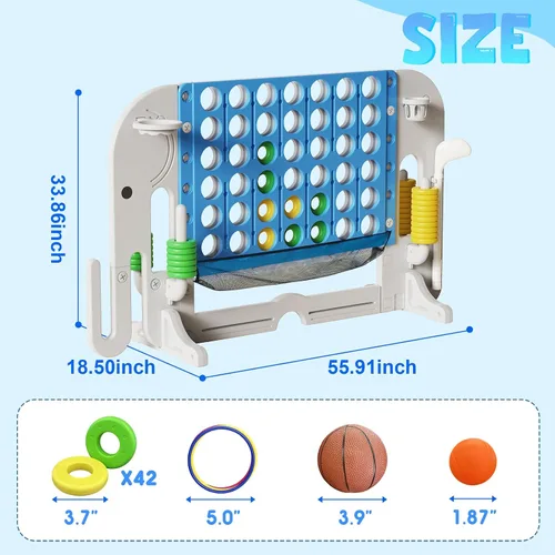 Vista 5 de Giant 4 in a Row Connect Game, Adjustable Height (2.6FT-4.3FT) Jumbo 4-to-Score Yard Game Set with Basketball, Golf & Ring Toss, Elephant Design