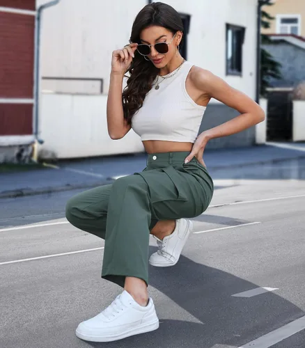 Vista 6 de ETOSELL Pantalones cargo de cintura alta para mujer, pantalones casuales de pierna ancha, elásticos, Y2K Streetwear con 6 bolsillos
