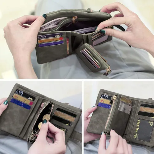 Vista 4 de PofeeXIO Cartera de cuero pequeña para mujer Bifold RFID con muñequera para damas, ranura para tarjetas, ventana para identificación, monedero