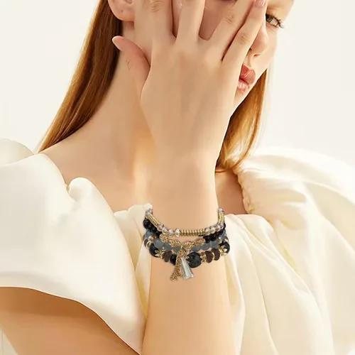 Vista 5 de Pulseras apilables de cuentas para mujer hombre juego de pulseras elásticas multicapa multicolor para reloj de joyería negro talla única