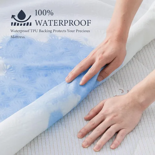 Vista 2 de Protector de colchón impermeable tamaño Queen, funda de cama de bolsillo elástico profundo, lavable a máquina, suave, transpirable, sin ruido