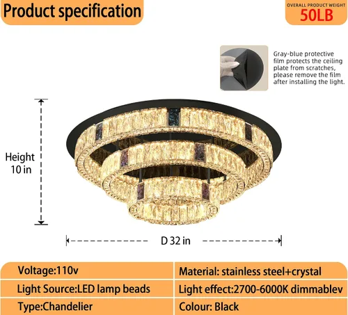 Vista 3 de Candelabro de cristal LED moderno de 32 pulgadas para sala de estar, lámpara redonda de cristal de 3 niveles, lámpara de techo de cristal negro