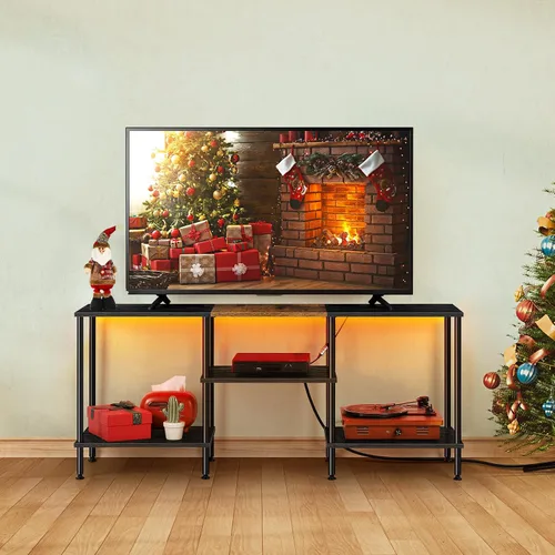 Vista 6 de Soporte de TV LED para dormitorio, soporte de TV negro de 50 pulgadas con toma de corriente, centro de entretenimiento pequeño de 3 niveles