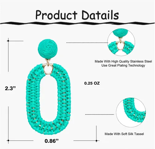 Vista 6 de SELFWIMG Pendientes de rafia llamativos aretes bohemios geométricos ovalados para playa de verano