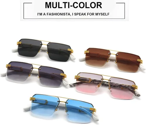 Vista 6 de Gafas de sol de aviador cuadradas de moda para hombre y mujer, estilo vintage de los años 70, lentes de sol de doble puente degradados sin montura