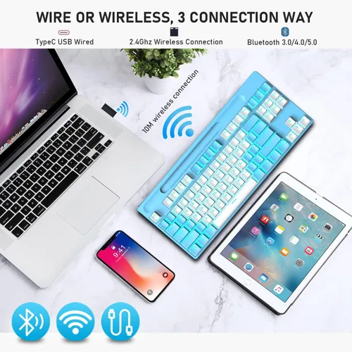 Vista 2 de Teclado mecánico Bluetooth para juegos con retroiluminación múltiple de 87 teclas, antirfantasma, ergonómico, con cableinalámbrico, receptor USB