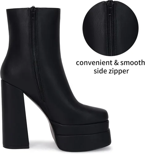 Vista 5 de VETASTE Botas de plataforma para mujer, puntera cuadrada, tacón grueso, cremallera lateral, botas de tobillo cómodas de combate góticas